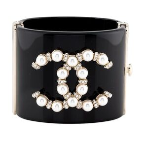 Chanel Black Pearl Logo Cuff Bracelet